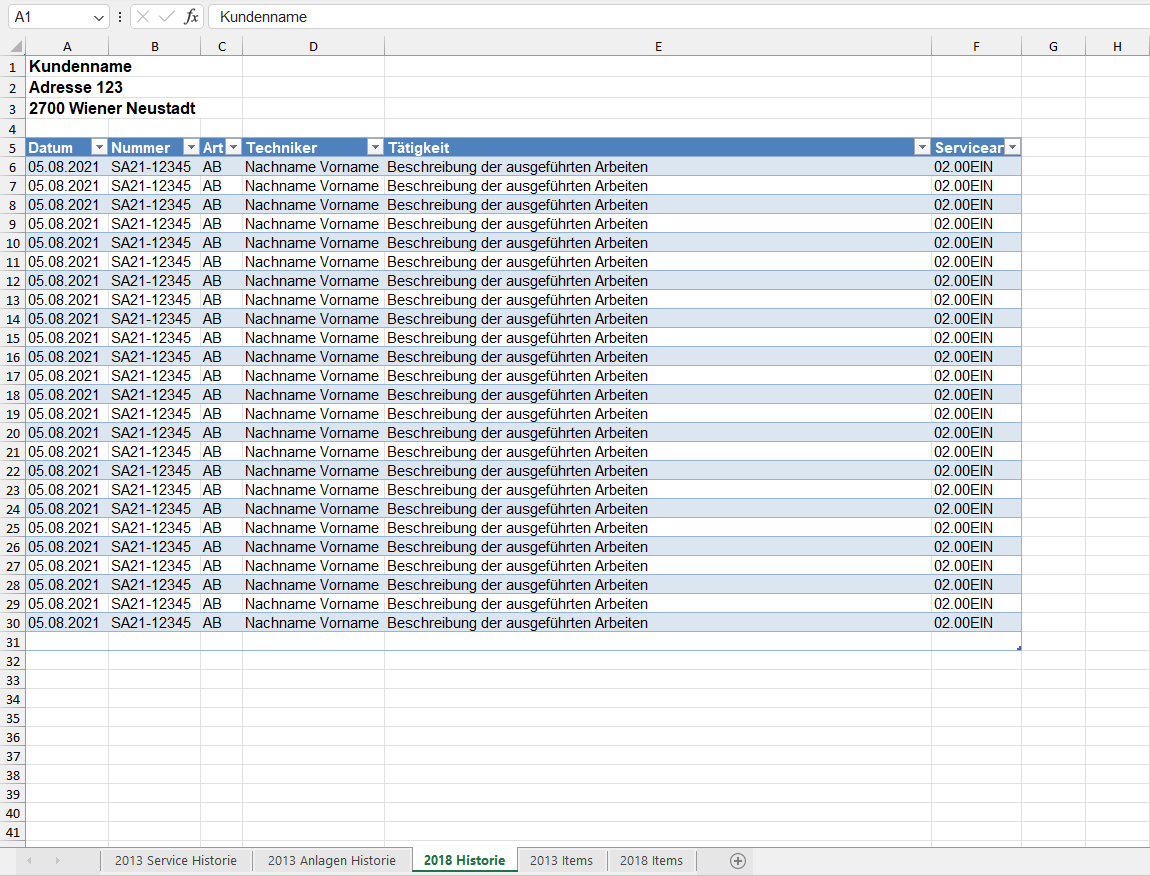 Screenshot einer Daten-Seite des Excel-Historie Projekts
