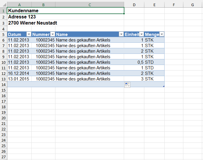 Screenshot einer Auflistung von Gegenständen des Excel-Historie Projekts