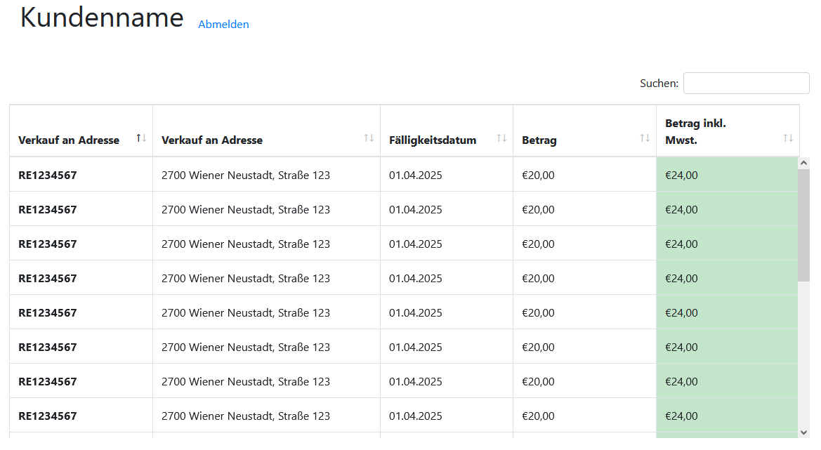Screenshot einer Daten-Seite des Kundenportal Projekts